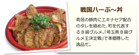 戦国ハーぶ〜丼 寄居の豚肉にエキナセア配合のタレを絡めた、町を代表するB級グルメ。「埼玉県B級グルメ王決定戦」で準優勝した逸品だ。