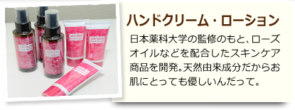 ハンドクリーム・ローション 日本薬科大学の監修のもと、ローズオイルなどを配合したスキンケア商品を開発。天然由来成分だからお肌にとっても優しいんだって。